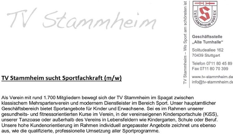 Stellenausschreibung TV Stammheim